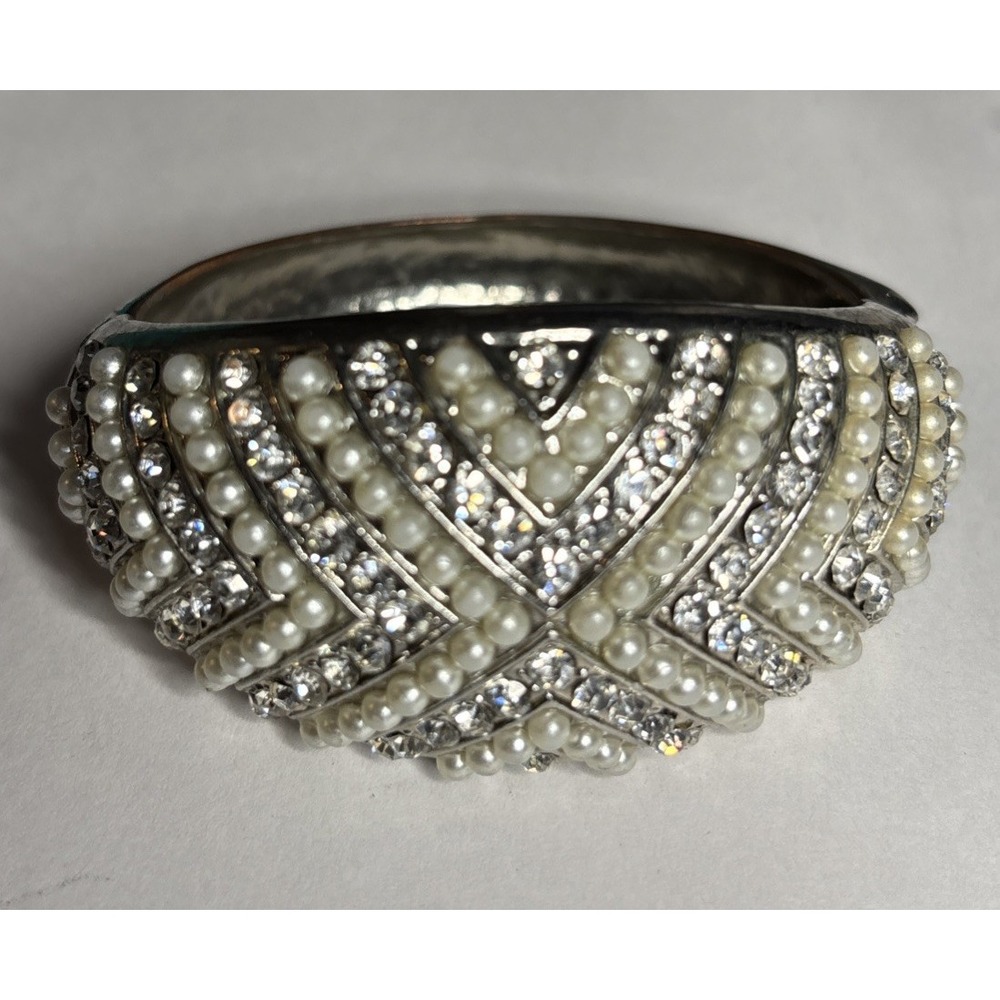 Silver Tone Art Deco Faux Pearl Rhinestone Hinged Clamper Bracelet Bridal Gatsby